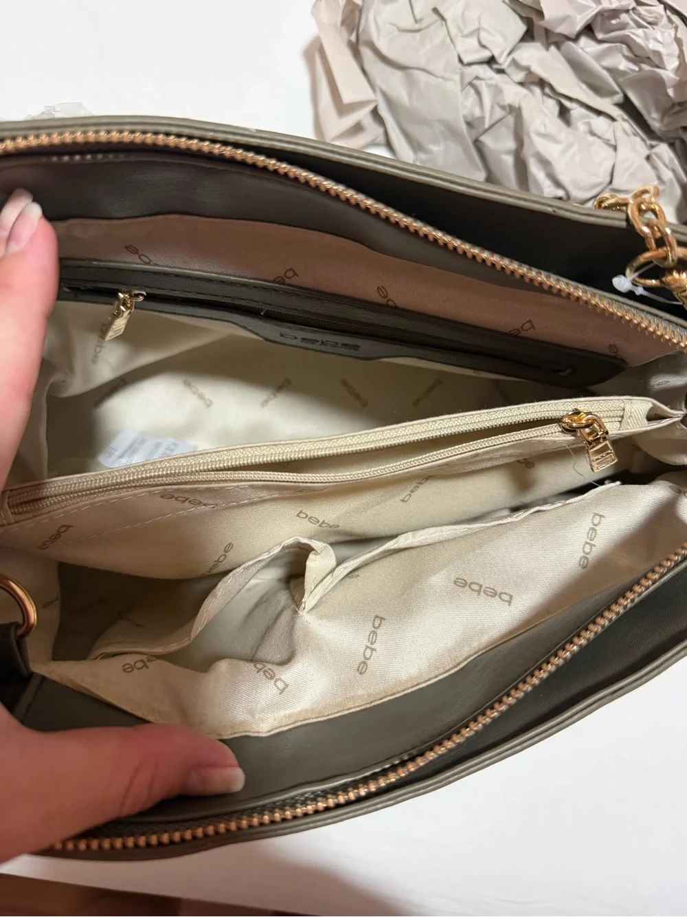 bebe Quilted Olive Green Satchel with Gold Hardware